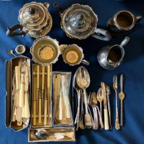 A quantity of silver plated items and objects. including tea service, cutlery, spoons, a salt and
