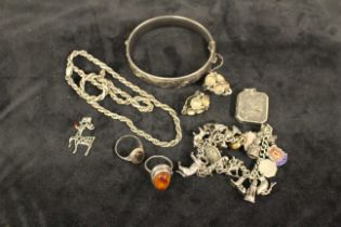 Joblot of Sterling silver jewellery. Includes silver bangle with safety, charm bracelet, rope