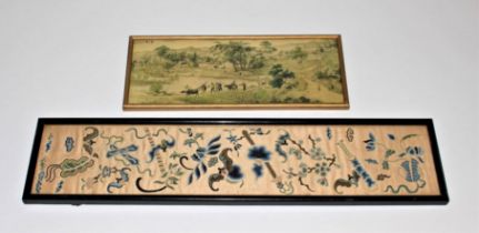 A Chinese silk picture embroidered with bats, flowers etc, 50cm x 10.5cm  and a Chinese coloured