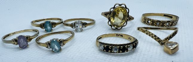 A collection of eight gem set dress rings. Two hallmarked, five stamped "9ct" and one unmarked.