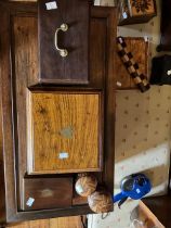 5 items comprising of an Edwardian Tea caddy (AF) Brass escutcheon handle and scrolled brass bracket