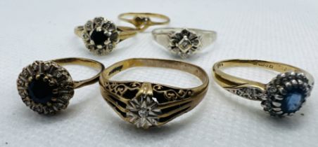 A collection of six 9ct gold dress rings, each set with diamond. Total approximate weight 12.5