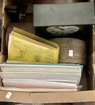 A box of 20th century oak, ebony painted, clocks etc. (5)