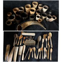 Selection of Horn Beakers and a hunting horn horn.  collection of bone and horn (all checked)