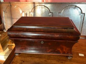 Victorian Mahogany Sarcophagus Tea caddy, twin hinged removable lidded caddies within, Brass