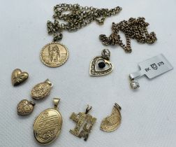 A collection of 9ct, 375 stamped and other yellow metal pendants, lockets and chains. To include a