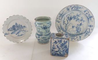 A collection of English and European 17th & !8th Centaury Earthenware Tin Glaze items  An early