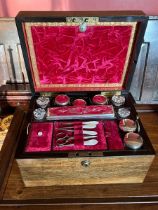 Victorian Rose Wood Toilet box compartmentalised to hold a collection of cut glass jars and small