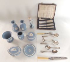 7 pieces of Wedgwood back stamped powder blue jasperware some odd plated cutlery and a boxed EPNS