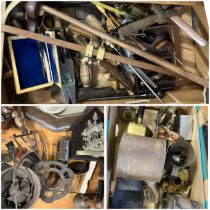 A box of wooden and various hand tools, plus  a box of Metal and wooden items including brass and
