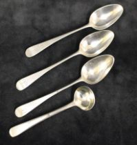 Three sterling silver Georgian teaspoons engraved 'EC' and a sterling silver Georgian mustard