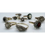 A collection of nine 9ct gold and "9ct" stamped  cluster rings. Many featuring Cubic Zirconia and