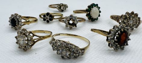 A collection of nine 9ct gold and "9ct" stamped  cluster rings. Many featuring Cubic Zirconia and