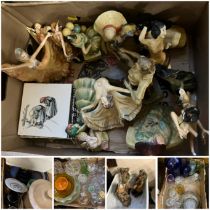 Five boxes of ceramics and glass including blue chemists bottles, a selection of Wade 1920's style
