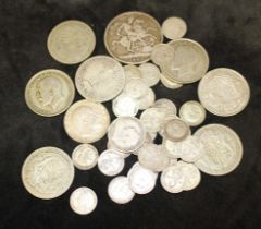 Joblot of Silver Coins including seven pre 1920's half crowns, one 1899 Queen Victoria veiled head