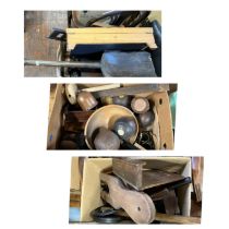 Three boxes of treen items to include Bowling bowls, cutlery box, carved items, decorative spade,