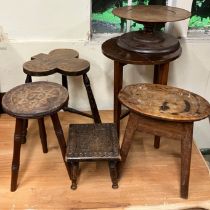 Five wooden stools/tables  and small round table stand. tallest of the tables is 48cms high (6)