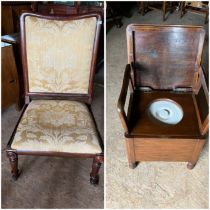 Large damask covered mahogany framed chair with mahogany comode