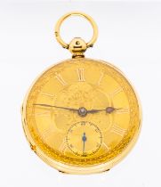 An early 20th century 18ct gold open faced pocket watch comprising gilt dial with applied gilt