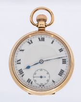 An early 20th century 9ct gold open faced pocket watch, comprising a white enamel dial with Roman