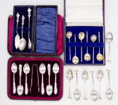 A collection of cased and other silver spoons to include; a set of six cased Russian silver gilt