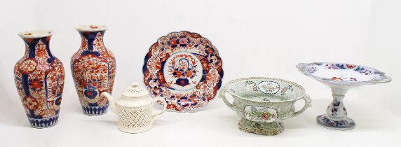 A Copeland Spode floral tureen: A Victorian high tazza: a reproduction creamware double-walled