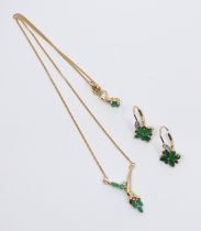 A collection of emerald and diamond set 9ct gold jewellery to include a necklace with a cross -