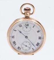 An early 20th century 9ct gold Waltham USA open faced  'Up & Down' pocket watch, comprising a