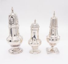 Three 18th/early 19th Century silver sugar casters to include; a George III caster, of baluster form