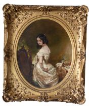 19th Century School  Lady in white dress at mirror with jewellery casket and scent bottle on