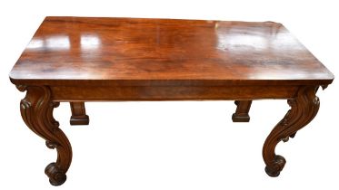 A mid 19th Century mahogany console table, rectangular top above burr mahogany frieze, cabriole