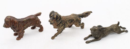 Three early 20th Century Continental cold painted bronze small models comprising: a Hare (11cm long)