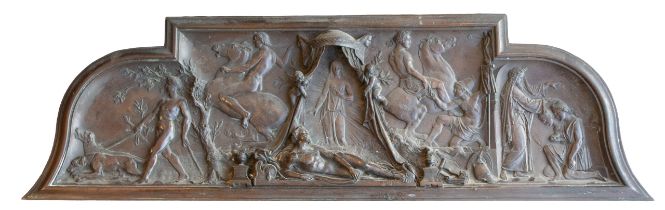 A late 19th century cast bronze plaque, in the style of Elkington & Co, with relief moulded design