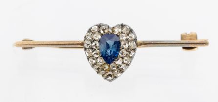 A 19th century sapphire and diamond  set gold heart shaped brooch, comprising a pear cut sapphire