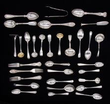 A collection of silver flatware to include: two pairs of Victorian Christening spoon and forks, both