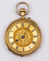A ladies late Victorian 18ct gold open faced pocket watch, comprising a gilt enamel dial with