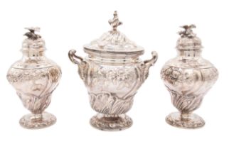 A pair of George III silver tea caddies / canisters and matched two handled sugar box and cover, the