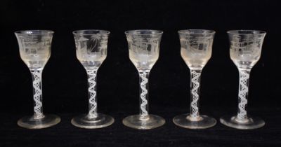 A set of five 18th Century drinking glasses, each ogee bowl engraved with Chinoiserie scene