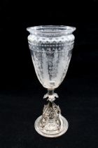 A Victorian silver plate mounted large etched glass vase with Neo-Classical decoration, approx 30.