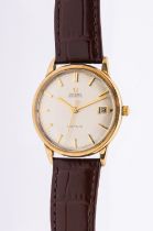 Omega- a gentleman's 9ct gold automatic wristwatch, comprising a round signed silvered dial with