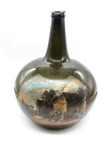 A 19th century large onion shaped green glass wine bottle with a later painted Continental scene.