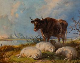 William Sydney Cooper (British, 1854-1927) Sheep and Cow by river, church beyond oil on panel, 40