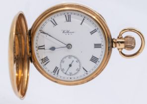 An early 20th century 9ct gold Waltham hunter pocket watch, comprising a white enamel dial with