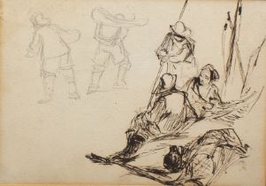 James Crawford Wintour RSA RSW (Scottish, 1825-1882) Figures by fishing pots pen and ink sketch,