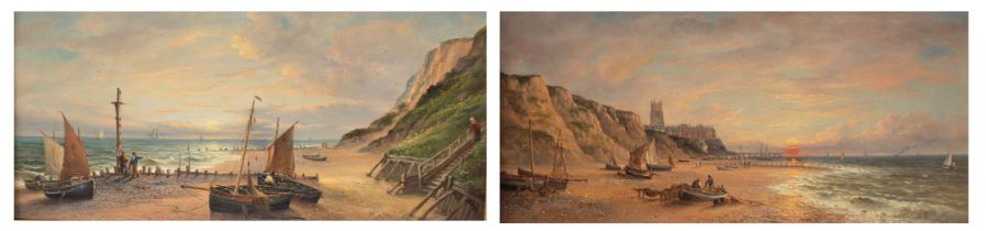 John Moore of Ipwich (1820-1902) Sunrise and Sunset at Cromer with figures and boats oil on