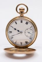 An early 20th century 9ct gold half hunter pocket watch, comprising a white enamel dial with Roman