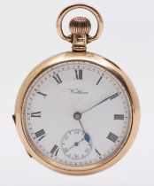 An early 20th century 9ct gold Waltham open faced pocket watch, comprising a white enamel dial