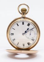 An early 20th century 9ct gold half hunter pocket watch, comprising a white enamel dial with Roman