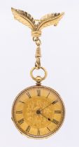 A ladies 18ct gold open faced pocket watch, comprising a gilt dial with Roman numeral indices,