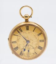 A late Victorian 18ct gold open faced pocket watch, comprising a round gilt dial with numeral